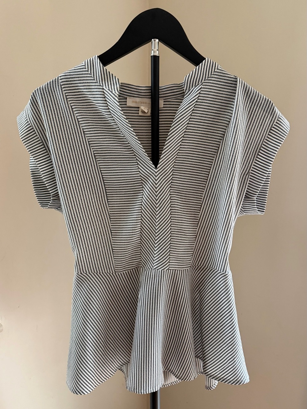 Monteau Black and White Striped Peplum Blouse